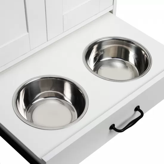 Dog Feeding Station, Dog Food Storage Cabinet with Hidden Dog Bowls, Adjustable Panel, Hooks, for Medium Sized Dogs, White Dog Feeding Station, Dog Food Storage Cabinet with Hidden Dog Bowls, Adjustable Panel, Hooks, for Medium Sized Dogs, White