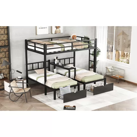 FULL XL Over Twin & Twin Triple Bunk Bed with Drawers, Multi-functional Metal Frame Bed with desks and shelves in the middle, Black FULL XL Over Twin & Twin Triple Bunk Bed with Drawers, Multi-functional Metal Frame Bed with desks and shelves in the middle, Black