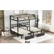 FULL XL Over Twin & Twin Triple Bunk Bed with Drawers, Multi-functional Metal Frame Bed with desks and shelves in the middle, Black FULL XL Over Twin & Twin Triple Bunk Bed with Drawers, Multi-functional Metal Frame Bed with desks and shelves in the middle, Black