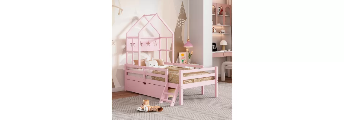 The Pink Wood Twin Size House Platform Bed with Guardrail and Drawer: A Stylish and Functional Addition to Your Child's Room