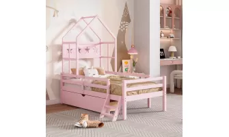 The Pink Wood Twin Size House Platform Bed with Guardrail and Drawer: A Stylish and Functional Addition to Your Child's Room