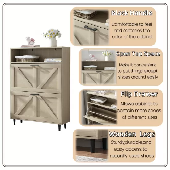Farmhouse Shoe Storage Cabinet with Barn Door Design, Shoe Organizer with 2 Flip Drawers, Freestanding Narrow Shoe Rack Cabinet with Open Storage for Entryway,Foyer,Hallway,(Natural) Farmhouse Shoe Storage Cabinet with Barn Door Design, Shoe Organizer with 2 Flip Drawers, Freestanding Narrow Shoe Rack Cabinet with Open Storage for Entryway,Foyer,Hallway,(Natural)