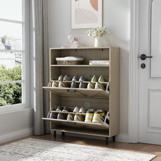 Farmhouse Shoe Storage Cabinet with Barn Door Design, Shoe Organizer with 2 Flip Drawers, Freestanding Narrow Shoe Rack Cabinet with Open Storage for Entryway,Foyer,Hallway,(Natural) Farmhouse Shoe Storage Cabinet with Barn Door Design, Shoe Organizer with 2 Flip Drawers, Freestanding Narrow Shoe Rack Cabinet with Open Storage for Entryway,Foyer,Hallway,(Natural)
