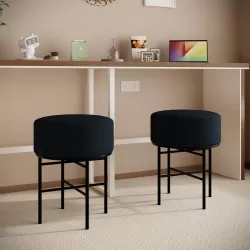 2 pcs Round Cushioned Vanity Stool, Linen Upholstered Vanity Stool for Makeup Room, Modern Soft Stool for Bar and Dining, Ottoman Footrest Stool with Metal Legs for Living Room, Bedroom(Black) 2 pcs Round Cushioned Vanity Stool, Linen Upholstered Vanity Stool for Makeup Room, Modern Soft Stool for Bar and Dining, Ottoman Footrest Stool with Metal Legs for Living Room, Bedroom(Black)