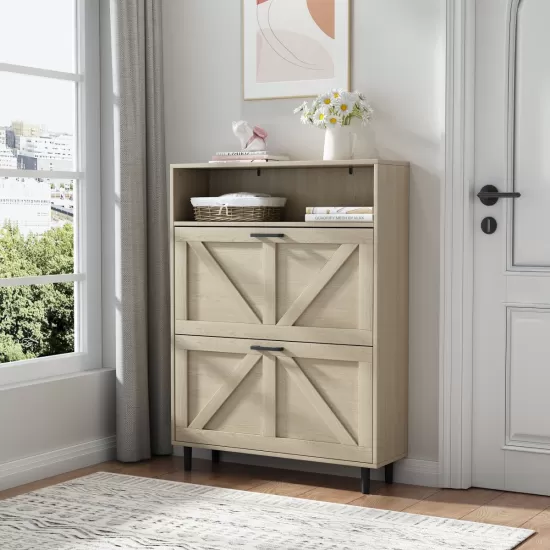 Farmhouse Shoe Storage Cabinet with Barn Door Design, Shoe Organizer with 2 Flip Drawers, Freestanding Narrow Shoe Rack Cabinet with Open Storage for Entryway,Foyer,Hallway,(Natural) Farmhouse Shoe Storage Cabinet with Barn Door Design, Shoe Organizer with 2 Flip Drawers, Freestanding Narrow Shoe Rack Cabinet with Open Storage for Entryway,Foyer,Hallway,(Natural)