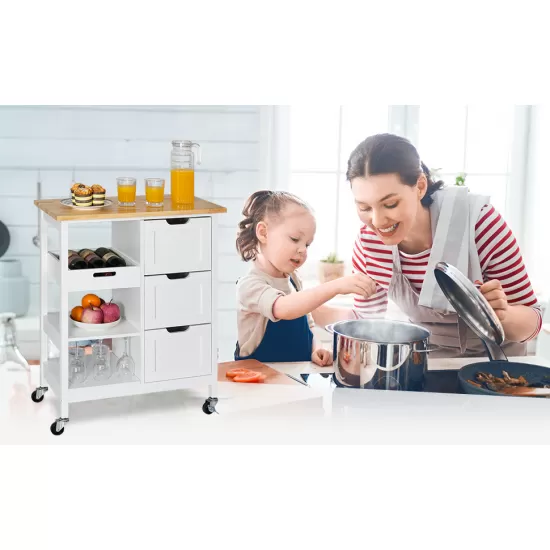 Rolling Portable Small Kitchen Island Cart on Wheels with Solid Wood Top, Dining Room Serving Utility Carts Mobile Movable with 3 Drawers and Storage Shelves Cabinet, White Rolling Portable Small Kitchen Island Cart on Wheels with Solid Wood Top, Dining Room Serving Utility Carts Mobile Movable with 3 Drawers and Storage Shelves Cabinet, White