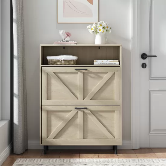 Farmhouse Shoe Storage Cabinet with Barn Door Design, Shoe Organizer with 2 Flip Drawers, Freestanding Narrow Shoe Rack Cabinet with Open Storage for Entryway,Foyer,Hallway,(Natural) Farmhouse Shoe Storage Cabinet with Barn Door Design, Shoe Organizer with 2 Flip Drawers, Freestanding Narrow Shoe Rack Cabinet with Open Storage for Entryway,Foyer,Hallway,(Natural)