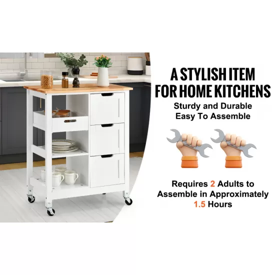 Rolling Portable Small Kitchen Island Cart on Wheels with Solid Wood Top, Dining Room Serving Utility Carts Mobile Movable with 3 Drawers and Storage Shelves Cabinet, White Rolling Portable Small Kitchen Island Cart on Wheels with Solid Wood Top, Dining Room Serving Utility Carts Mobile Movable with 3 Drawers and Storage Shelves Cabinet, White