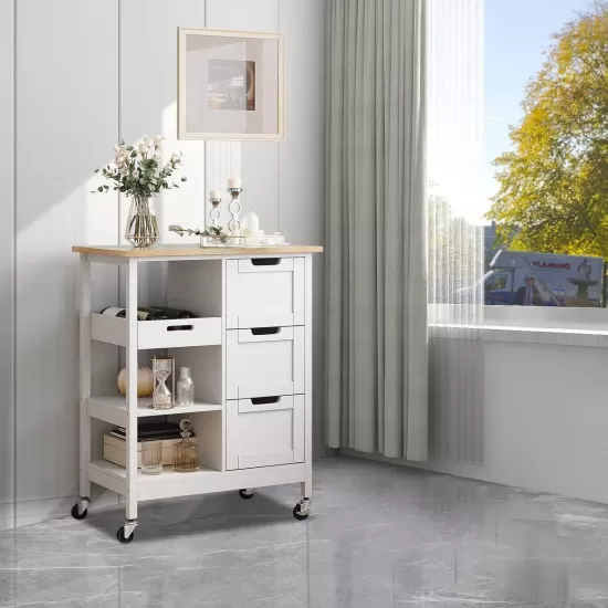 Rolling Portable Small Kitchen Island Cart on Wheels with Solid Wood Top, Dining Room Serving Utility Carts Mobile Movable with 3 Drawers and Storage Shelves Cabinet, White Rolling Portable Small Kitchen Island Cart on Wheels with Solid Wood Top, Dining Room Serving Utility Carts Mobile Movable with 3 Drawers and Storage Shelves Cabinet, White