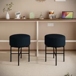 2 pcs Round Cushioned Vanity Stool, Linen Upholstered Vanity Stool for Makeup Room, Modern Soft Stool for Bar and Dining, Ottoman Footrest Stool with Metal Legs for Living Room, Bedroom(Black) 2 pcs Round Cushioned Vanity Stool, Linen Upholstered Vanity Stool for Makeup Room, Modern Soft Stool for Bar and Dining, Ottoman Footrest Stool with Metal Legs for Living Room, Bedroom(Black)