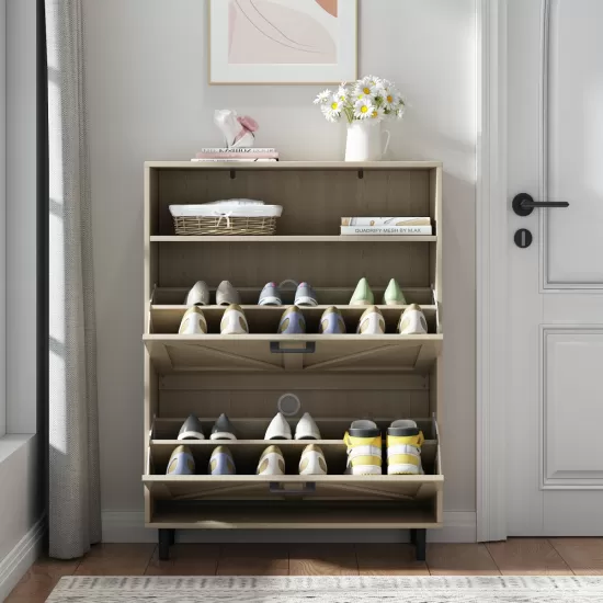 Farmhouse Shoe Storage Cabinet with Barn Door Design, Shoe Organizer with 2 Flip Drawers, Freestanding Narrow Shoe Rack Cabinet with Open Storage for Entryway,Foyer,Hallway,(Natural) Farmhouse Shoe Storage Cabinet with Barn Door Design, Shoe Organizer with 2 Flip Drawers, Freestanding Narrow Shoe Rack Cabinet with Open Storage for Entryway,Foyer,Hallway,(Natural)