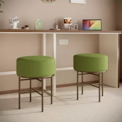 2 pcs Round Cushioned Vanity Stool, Linen Upholstered Vanity Stool for Makeup Room, Modern Soft Stool for Bar and Dining, Ottoman Footrest Stool with Metal Legs for Living Room, Bedroom(Matcha Green) 2 pcs Round Cushioned Vanity Stool, Linen Upholstered Vanity Stool for Makeup Room, Modern Soft Stool for Bar and Dining, Ottoman Footrest Stool with Metal Legs for Living Room, Bedroom(Matcha Green)
