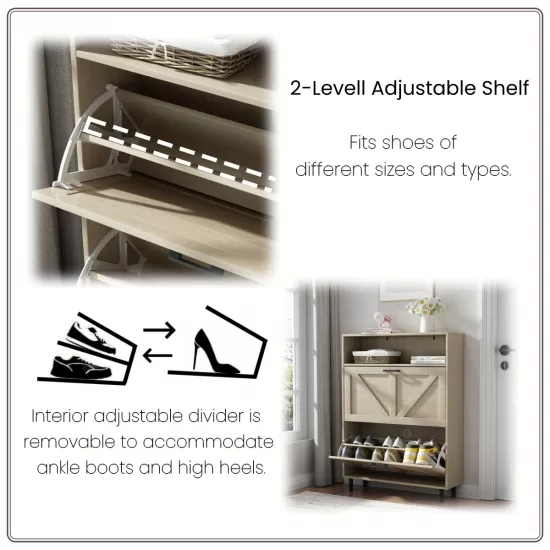 Farmhouse Shoe Storage Cabinet with Barn Door Design, Shoe Organizer with 2 Flip Drawers, Freestanding Narrow Shoe Rack Cabinet with Open Storage for Entryway,Foyer,Hallway,(Natural) Farmhouse Shoe Storage Cabinet with Barn Door Design, Shoe Organizer with 2 Flip Drawers, Freestanding Narrow Shoe Rack Cabinet with Open Storage for Entryway,Foyer,Hallway,(Natural)