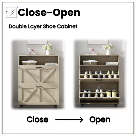 Farmhouse Shoe Storage Cabinet with Barn Door Design, Shoe Organizer with 2 Flip Drawers, Freestanding Narrow Shoe Rack Cabinet with Open Storage for Entryway,Foyer,Hallway,(Natural) Farmhouse Shoe Storage Cabinet with Barn Door Design, Shoe Organizer with 2 Flip Drawers, Freestanding Narrow Shoe Rack Cabinet with Open Storage for Entryway,Foyer,Hallway,(Natural)