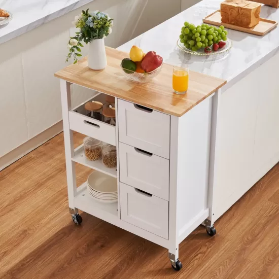 Rolling Portable Small Kitchen Island Cart on Wheels with Solid Wood Top, Dining Room Serving Utility Carts Mobile Movable with 3 Drawers and Storage Shelves Cabinet, White Rolling Portable Small Kitchen Island Cart on Wheels with Solid Wood Top, Dining Room Serving Utility Carts Mobile Movable with 3 Drawers and Storage Shelves Cabinet, White