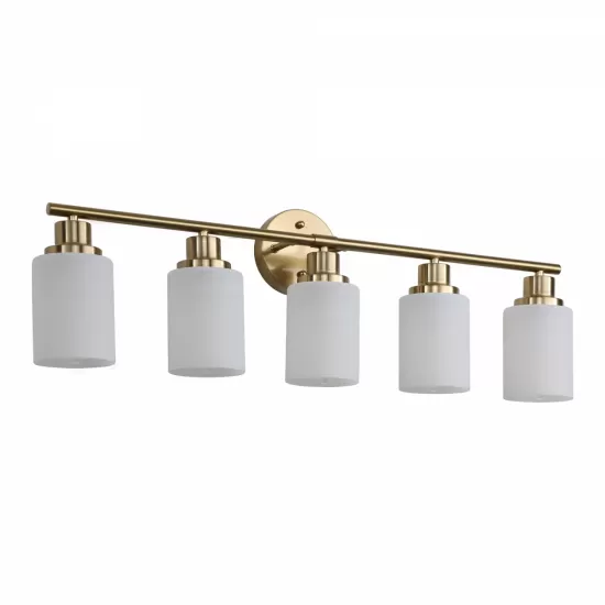 5-Light Golden Bathroom Vanity Light Fixture, Frosted Glass Shades, Modern Wall Mounted Lighting (No Bulbs) 5-Light Golden Bathroom Vanity Light Fixture, Frosted Glass Shades, Modern Wall Mounted Lighting (No Bulbs)