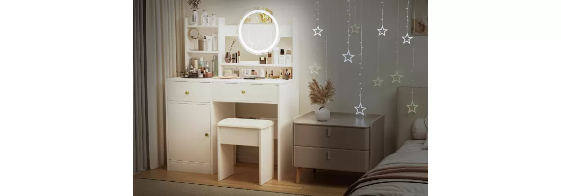 The Perfect White Vanity Desk Set with Adjustable Lights for a Flawless Makeup Routine The Perfect White Vanity Desk Set with Adjustable Lights for a Flawless Makeup Routine