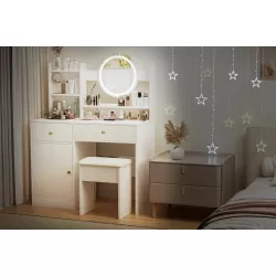 Fashion Vanity Desk with Mirror and Lights for Makeup and Cushioned Chair, Vanity Mirror with Lights and Table Set with 3 Color Lighting Brightness Adjustable,Dressing table,  White Color Fashion Vanity Desk with Mirror and Lights for Makeup and Cushioned Chair, Vanity Mirror with Lights and Table Set with 3 Color Lighting Brightness Adjustable,Dressing table,  White Color