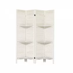 Room Divider with Shelves, 4 Panel White Room Divider, Room Dividers and Folding Privacy Screens, Portable Wooden Room Dividers and Partitions for Bedroom, Home Office, Studio (Warm White)