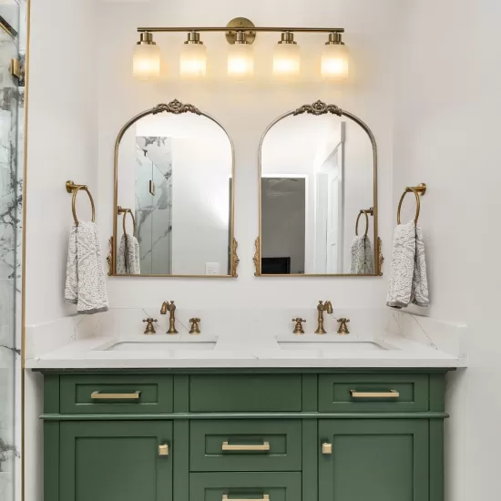 5-Light Golden Bathroom Vanity Light Fixture, Frosted Glass Shades, Modern Wall Mounted Lighting (No Bulbs) 5-Light Golden Bathroom Vanity Light Fixture, Frosted Glass Shades, Modern Wall Mounted Lighting (No Bulbs)