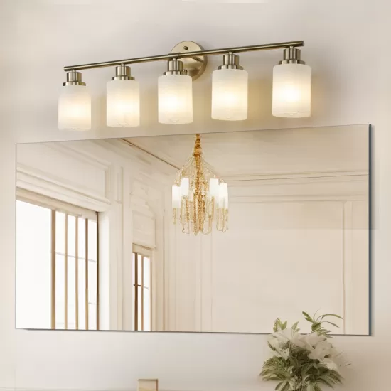 5-Light Golden Bathroom Vanity Light Fixture, Frosted Glass Shades, Modern Wall Mounted Lighting (No Bulbs) 5-Light Golden Bathroom Vanity Light Fixture, Frosted Glass Shades, Modern Wall Mounted Lighting (No Bulbs)