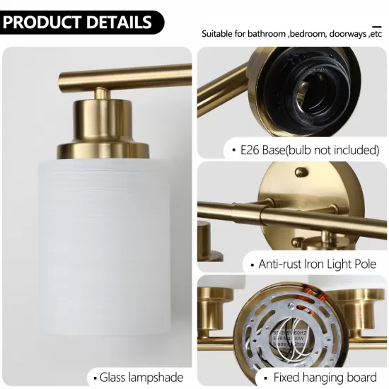 5-Light Golden Bathroom Vanity Light Fixture, Frosted Glass Shades, Modern Wall Mounted Lighting (No Bulbs) 5-Light Golden Bathroom Vanity Light Fixture, Frosted Glass Shades, Modern Wall Mounted Lighting (No Bulbs)