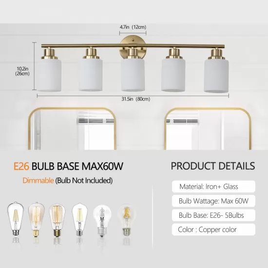 5-Light Golden Bathroom Vanity Light Fixture, Frosted Glass Shades, Modern Wall Mounted Lighting (No Bulbs) 5-Light Golden Bathroom Vanity Light Fixture, Frosted Glass Shades, Modern Wall Mounted Lighting (No Bulbs)