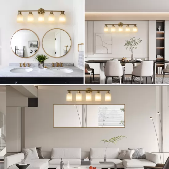 5-Light Golden Bathroom Vanity Light Fixture, Frosted Glass Shades, Modern Wall Mounted Lighting (No Bulbs) 5-Light Golden Bathroom Vanity Light Fixture, Frosted Glass Shades, Modern Wall Mounted Lighting (No Bulbs)