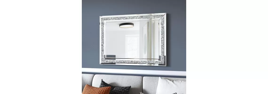 Elegant Crystal Accent Rectangle Glass Wall Mirror with Diamond Inlay Elegant Crystal Accent Rectangle Glass Wall Mirror with Diamond Inlay