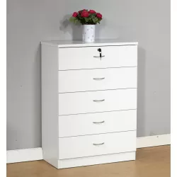 Five drawer chest Metal handles Locking Top drawer Metal Glide rails White Melamine Laminate