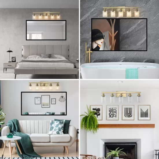 Golden 5-Light Vanity Light with Clear Glass Shades, Modern Iron Metal Bathroom Wall Fixture for Mirror, Ideal for Bathroom and Dressing Table (No Bulbs) Golden 5-Light Vanity Light with Clear Glass Shades, Modern Iron Metal Bathroom Wall Fixture for Mirror, Ideal for Bathroom and Dressing Table (No Bulbs)