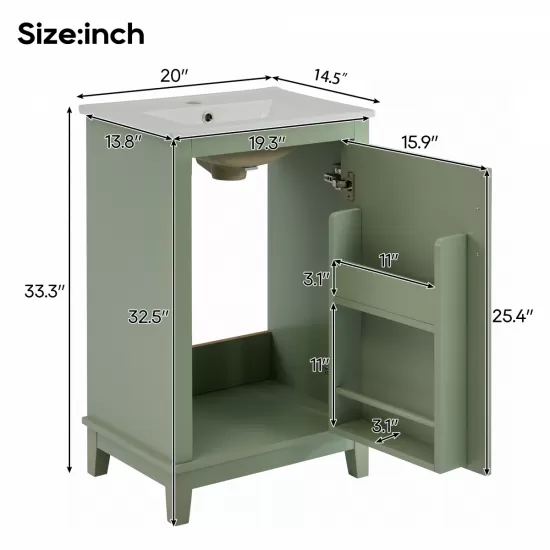 [Viedo] 20 Inch Modern Small Bathroom Vanity Cabinet With Ceramic Basin- 20*15.5*33.3 Inches,Ample Storage,1 Soft Close Door