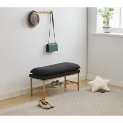 End of Bed Bench with Shelf, Linen Upholstered Storage Shoe Bench, Modern Bedroom Bench with Metal Legs for Living Room, Entryway, Dining Room, 300 LB, Linen Color(Black)