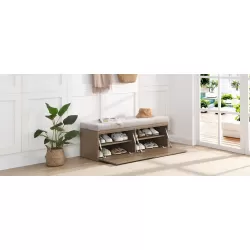 49 Inch  Shoe Storage Bench Entryway Shoe Cabinet Storage Ottoman with Padded Seat Cushion and Double Doors for Entryway, Hallway and Bedroom, Light Grey