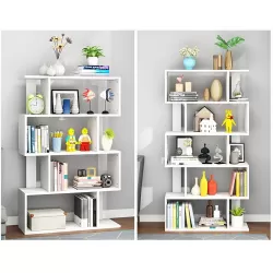DFW 4 Tier Storage Shelf S Shaped Bookcase, Multifunctional Wooden Display Decor Furniture, Free Standing Industrial Storage Rack for Living Room Bedroom Office, Modern 4 Shelf Bookcase (1 White)