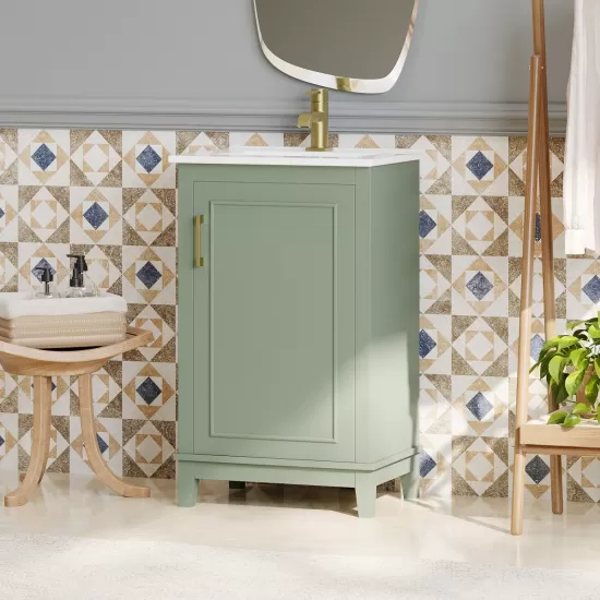[Viedo] 20 Inch Modern Small Bathroom Vanity Cabinet With Ceramic Basin- 20*15.5*33.3 Inches,Ample Storage,1 Soft Close Door