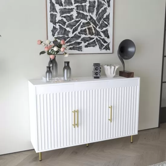 3-Door Large Storage Sideboard with Gold Handles for Kitchen, Dining Room and Living Room.55.12 Inch W Accent White Buffet Cabinet, Coffee Bar Sideboard Cabinet with 3 doors (White) 3-Door Large Storage Sideboard with Gold Handles for Kitchen, Dining Room and Living Room.55.12 Inch W Accent White Buffet Cabinet, Coffee Bar Sideboard Cabinet with 3 doors (White)