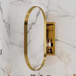 20x34 Inch Oval Recessed Medicine Cabinet, Metal Framed Bathroom Wall Cabinet with Mirror and Adjustable Shelves, Wall Mirror with Storage for Bathroom, Matte Gold