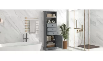   

Gray Tall Storage Cabinet with 3 Drawers and Adjustable Shelves – Perfect for Bathroom, Study, and Office