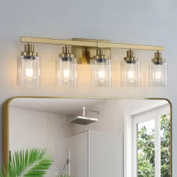Golden 5-Light Vanity Light with Clear Glass Shades, Modern Iron Metal Bathroom Wall Fixture for Mirror, Ideal for Bathroom and Dressing Table (No Bulbs) Golden 5-Light Vanity Light with Clear Glass Shades, Modern Iron Metal Bathroom Wall Fixture for Mirror, Ideal for Bathroom and Dressing Table (No Bulbs)
