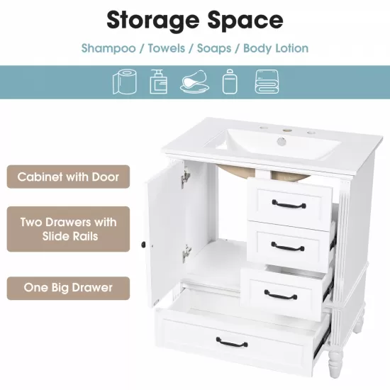 30 Inch Bathroom Vanity with Sink, Bathroom Cabinet with A Door, Three Drawers, Solid Wood Legs & MDF Board, Adiustable Foot Pads, White 30 Inch Bathroom Vanity with Sink, Bathroom Cabinet with A Door, Three Drawers, Solid Wood Legs & MDF Board, Adiustable Foot Pads, White