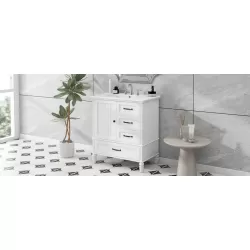30 Inch  Bathroom Vanity with Sink, Bathroom Cabinet with A Door, Three Drawers, Solid Wood Legs & MDF Board, Adiustable Foot Pads, White 30 Inch  Bathroom Vanity with Sink, Bathroom Cabinet with A Door, Three Drawers, Solid Wood Legs & MDF Board, Adiustable Foot Pads, White