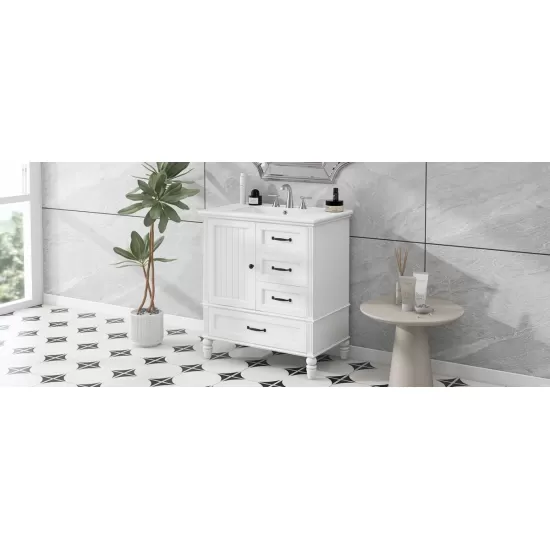 30 Inch Bathroom Vanity with Sink, Bathroom Cabinet with A Door, Three Drawers, Solid Wood Legs & MDF Board, Adiustable Foot Pads, White 30 Inch Bathroom Vanity with Sink, Bathroom Cabinet with A Door, Three Drawers, Solid Wood Legs & MDF Board, Adiustable Foot Pads, White