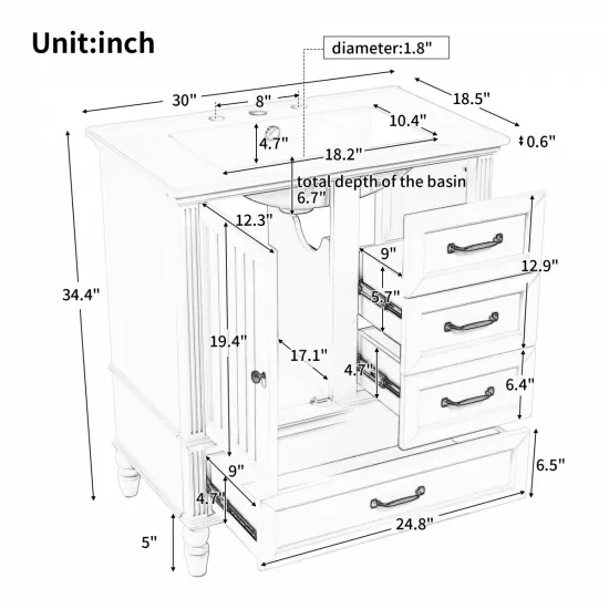 30 Inch Bathroom Vanity with Sink, Bathroom Cabinet with A Door, Three Drawers, Solid Wood Legs & MDF Board, Adiustable Foot Pads, White 30 Inch Bathroom Vanity with Sink, Bathroom Cabinet with A Door, Three Drawers, Solid Wood Legs & MDF Board, Adiustable Foot Pads, White