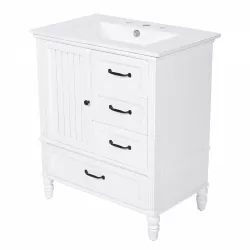 30 Inch  Bathroom Vanity with Sink, Bathroom Cabinet with A Door, Three Drawers, Solid Wood Legs & MDF Board, Adiustable Foot Pads, White 30 Inch  Bathroom Vanity with Sink, Bathroom Cabinet with A Door, Three Drawers, Solid Wood Legs & MDF Board, Adiustable Foot Pads, White