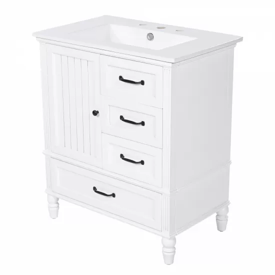 30 Inch Bathroom Vanity with Sink, Bathroom Cabinet with A Door, Three Drawers, Solid Wood Legs & MDF Board, Adiustable Foot Pads, White 30 Inch Bathroom Vanity with Sink, Bathroom Cabinet with A Door, Three Drawers, Solid Wood Legs & MDF Board, Adiustable Foot Pads, White