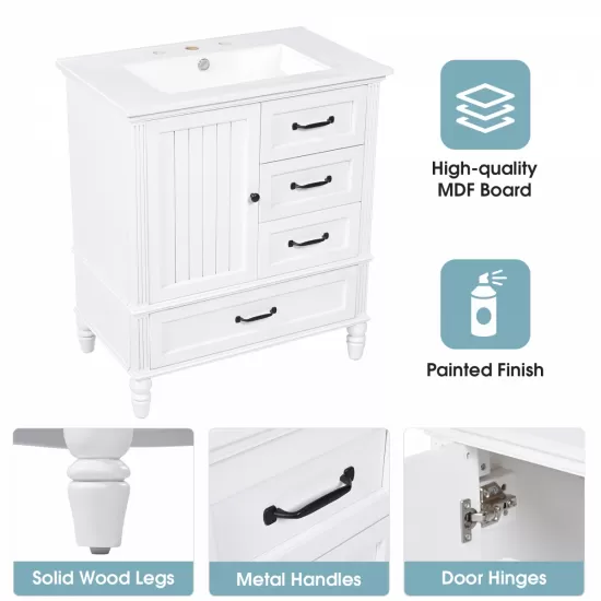 30 Inch Bathroom Vanity with Sink, Bathroom Cabinet with A Door, Three Drawers, Solid Wood Legs & MDF Board, Adiustable Foot Pads, White 30 Inch Bathroom Vanity with Sink, Bathroom Cabinet with A Door, Three Drawers, Solid Wood Legs & MDF Board, Adiustable Foot Pads, White
