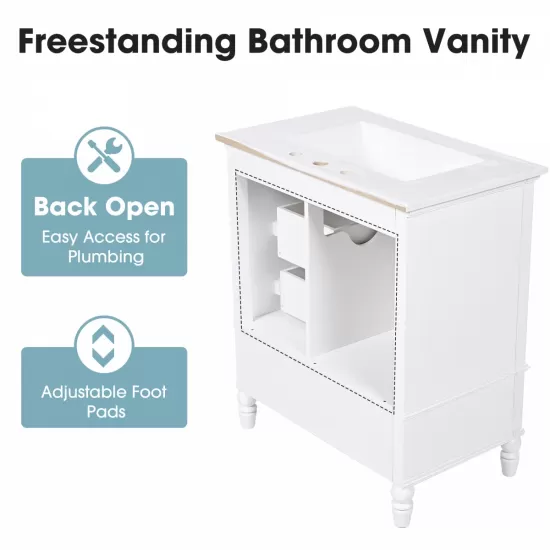 30 Inch Bathroom Vanity with Sink, Bathroom Cabinet with A Door, Three Drawers, Solid Wood Legs & MDF Board, Adiustable Foot Pads, White 30 Inch Bathroom Vanity with Sink, Bathroom Cabinet with A Door, Three Drawers, Solid Wood Legs & MDF Board, Adiustable Foot Pads, White