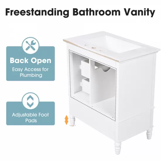 30 Inch Bathroom Vanity with Sink, Bathroom Cabinet with A Door, Three Drawers, Solid Wood Legs & MDF Board, Adiustable Foot Pads, White 30 Inch Bathroom Vanity with Sink, Bathroom Cabinet with A Door, Three Drawers, Solid Wood Legs & MDF Board, Adiustable Foot Pads, White