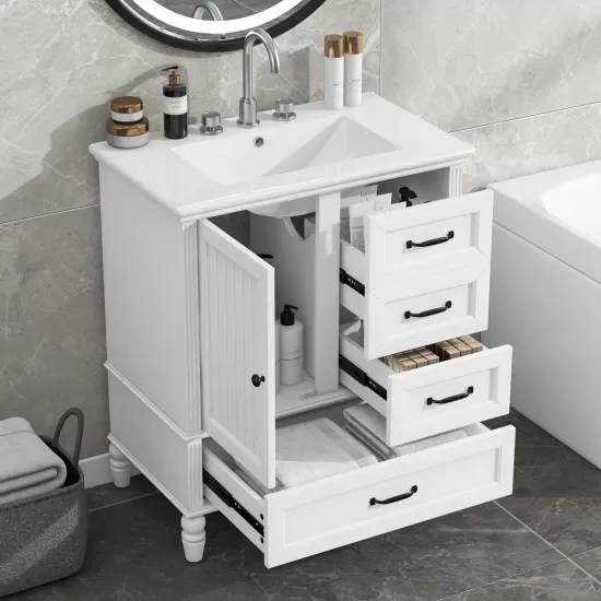 30 Inch Bathroom Vanity with Sink, Bathroom Cabinet with A Door, Three Drawers, Solid Wood Legs & MDF Board, Adiustable Foot Pads, White 30 Inch Bathroom Vanity with Sink, Bathroom Cabinet with A Door, Three Drawers, Solid Wood Legs & MDF Board, Adiustable Foot Pads, White